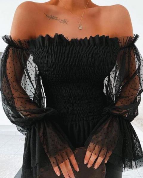 Елегантна блуза с прозрачни ръкави NYLAH,черна