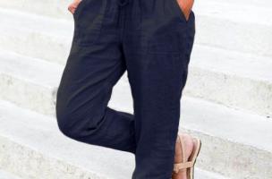 Модни панталони с джобове и еластична талия, AMORY, тъмно синьо