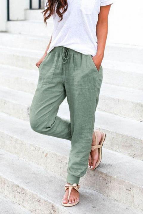 Модни панталони с джобове и еластична талия, AMORY, маслено зелени