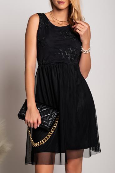 Елегантна рокля с кръгло деколте и бродирана украса DILANA, черна