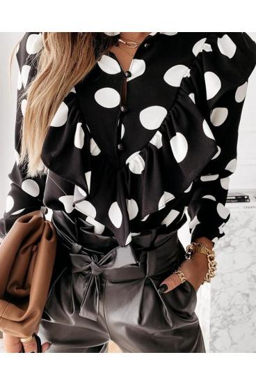 Елегантна блуза на точки и декоративни волани ROMA, черна