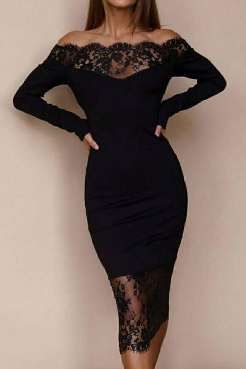 Елегантна рокля с дълъг ръкав и акцент от полупрозрачна дантела AVIGNON, черна