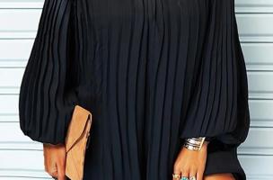 Елегантна плисирана мини рокля с дълги свободни ръкави и дантелени детайли CREMONA, черна