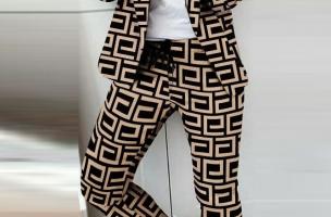 Елегантен панталон и сако с геометричен принт NUNZIA, черно-бежов