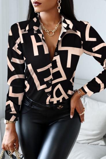 Елегантна блуза със сатенен ефект и десен на букви MEDELINA, черна