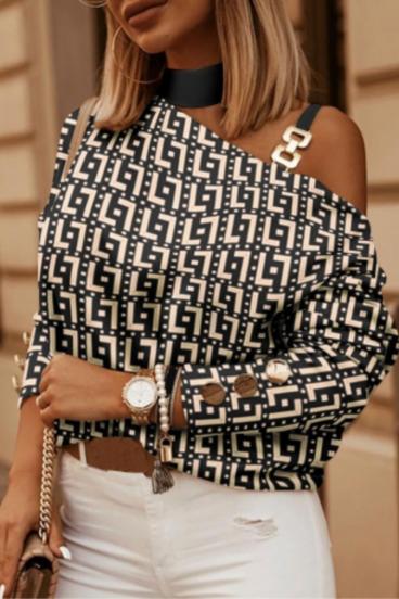 Елегантна блуза с асиметрично деколте и геометричен принт MATHILDE, черно-бежова