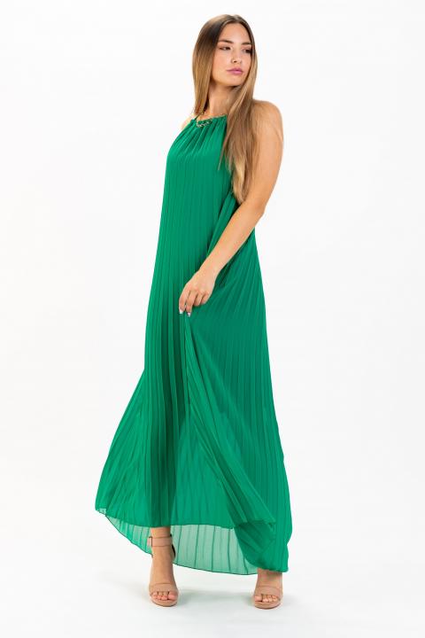 Дълга дамска рокля без ръкави от плисиран материал IDELLA, зелена