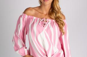 Широка блуза с голи рамене и връзки INESSA, бяло-розова