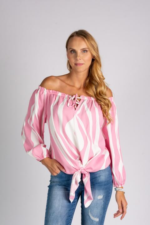 Широка блуза с голи рамене и връзки INESSA, бяло-розова