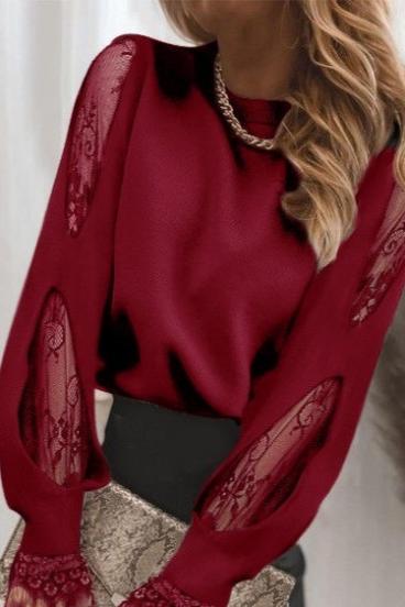 Елегантна блуза с дълъг ръкав с дантелени акценти SENTERNADA, бордо