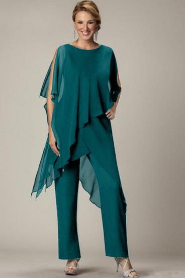 Комплект елегантна полупрозрачна туника и дълъг панталон CLAUDETTE, синьо-зелена