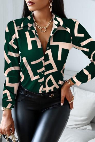 Елегантна блуза със сатенен ефект и десен на букви MEDELINA, зелена
