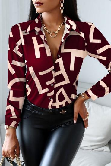 Елегантна блуза със сатенен ефект и десен на букви MEDELINA, бордо