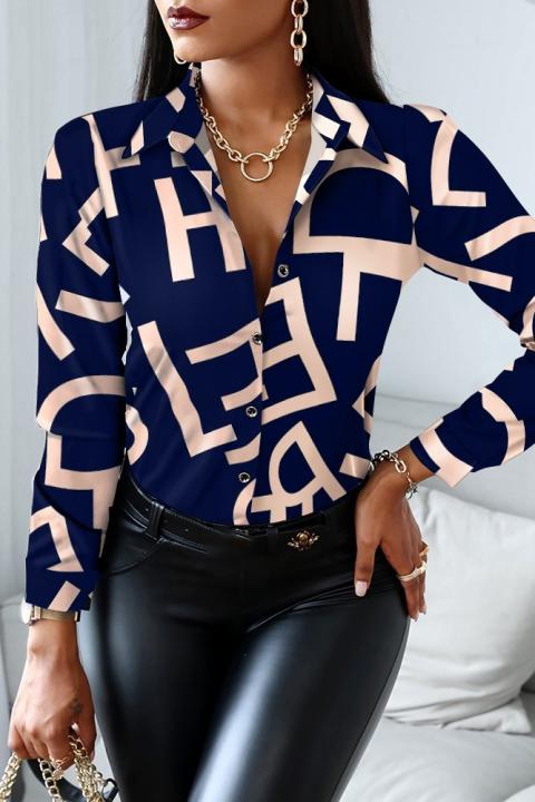 Елегантна блуза със сатенен ефект и десен на букви MEDELINA, синя