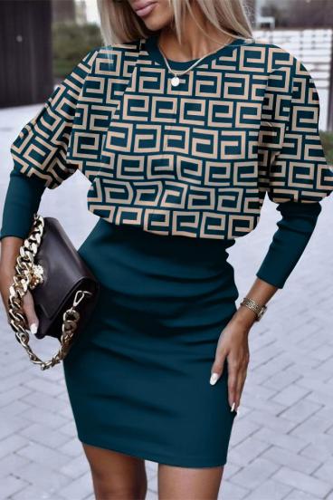 Елегантна мини рокля с геометричен принт LENTA, синьо-зелена