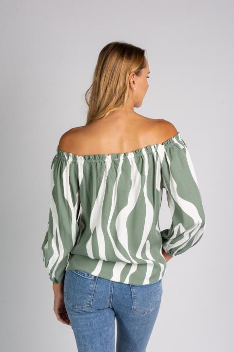 Широка блуза с голи рамене и връзки INESSA, бял-маслено зелена