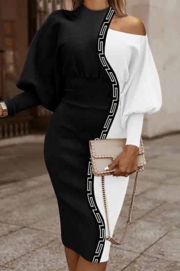 Елегантна рокля с геометричен десен, черно/бяла