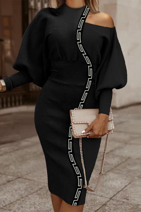 Елегантна рокля с геометричен десен, черна