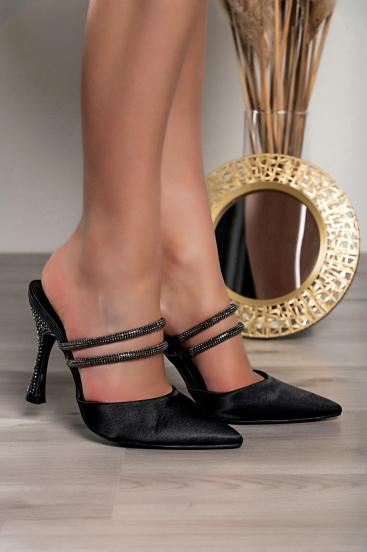 Обувки на ток с кристали, черни