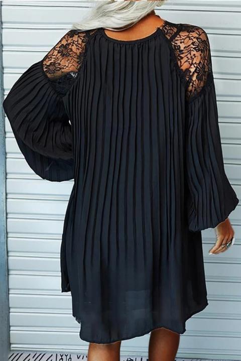 Елегантна плисирана мини рокля с дълги свободни ръкави и дантелени детайли CREMONA, черна