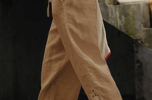 Елегантен памучен панталон с дантела, цвят каки
