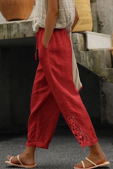 Елегантен памучен панталон с дантела, червен