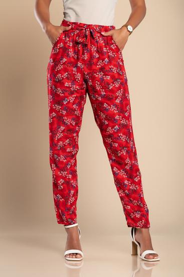 Дълъг памучен панталон с флорален принт, червен