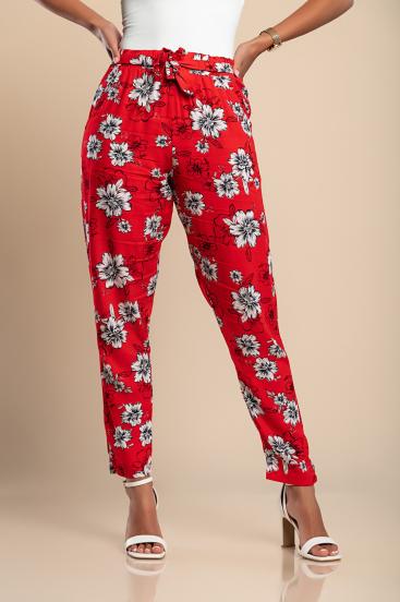 Дълъг памучен панталон с флорален принт, червен