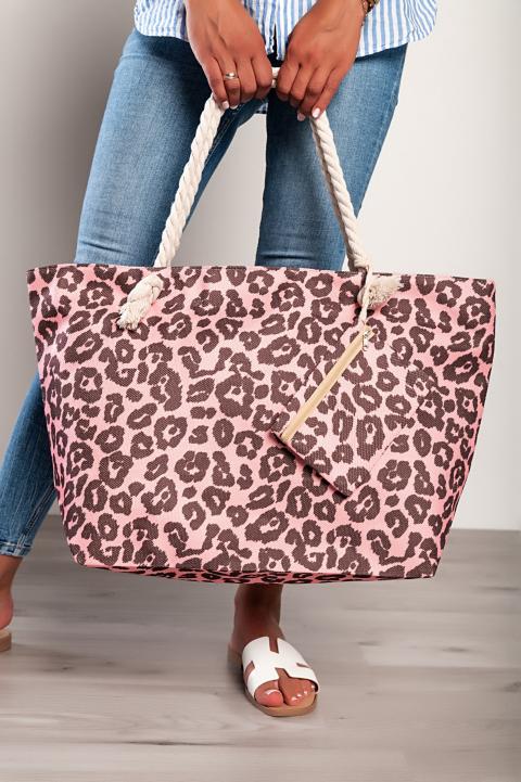 Плажна чанта с леопардов принт, светло розова