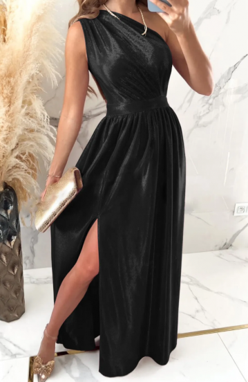 Елегантна макси рокля от изкуствено кадифе, черна