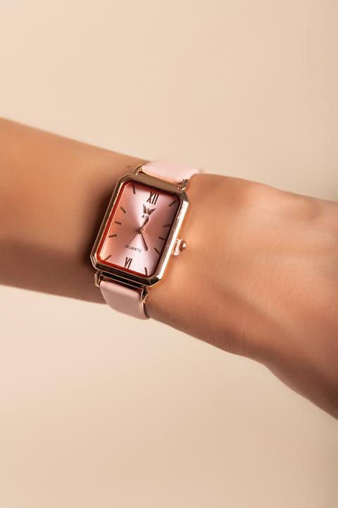Елегантен часовник с каишка от еко кожа, светло розов