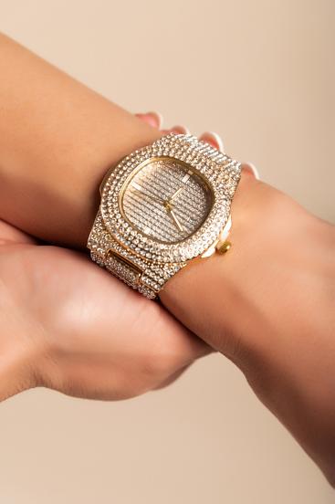 Елегантен часовник с декоративни кристали, цвят злато