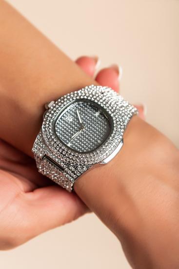 Елегантен часовник с декоративни кристали, сребрист цвят