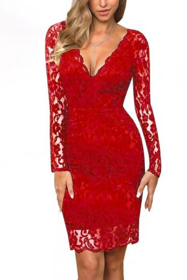 Елегантна дантелена рокля с дълъг ръкав и дълбоко деколте MADILY, червена