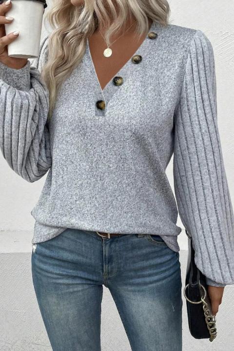 Пуловер с рипсени ръкави и декоративни копчета, светло сив
