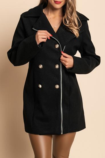 Елегантно палто с копчета и цип, черно