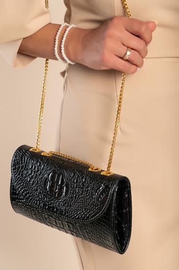 Малка чанта с щампа на крокодилска кожа, черна