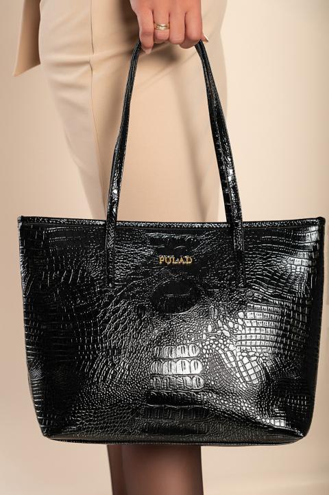 Голяма чанта с крокодилски модел, черна