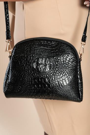 Малка чантичка с щампа на крокодилска кожа, черна