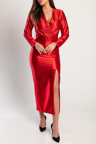 Елегантна рокля от изкуствен сатен, червена