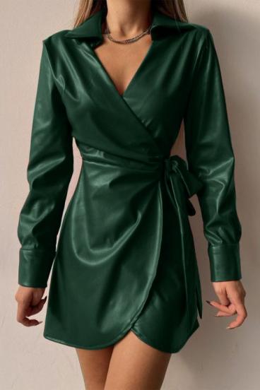 Елегантна мини рокля Pellita с яка от изкуствена кожа, тъмнозелена