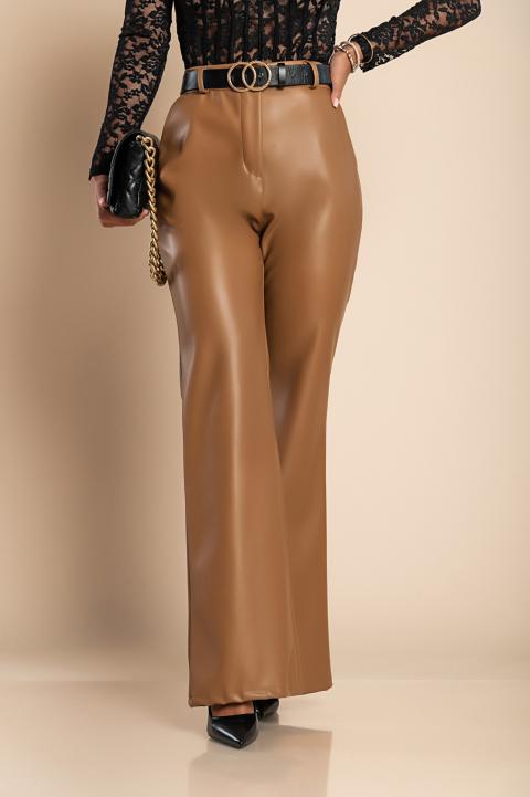 Елегантен дълъг панталон от еко кожа, camel