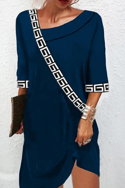 Свободна мини рокля с геометрични детайли, петролно синя