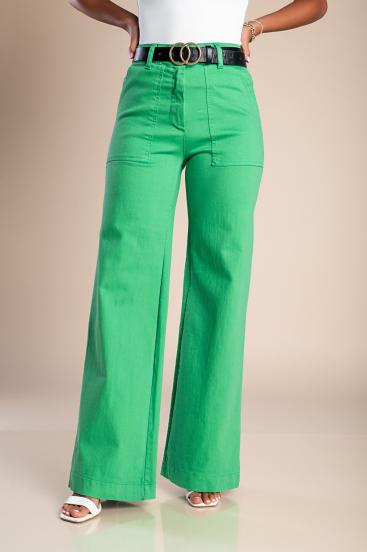 Памучен панталон с широки крачоли, зелен