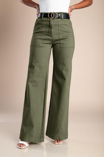 Памучен панталон с широки панталони, маслинено