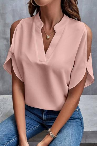 Елегантна широка блуза с "V" деколте, светло розово