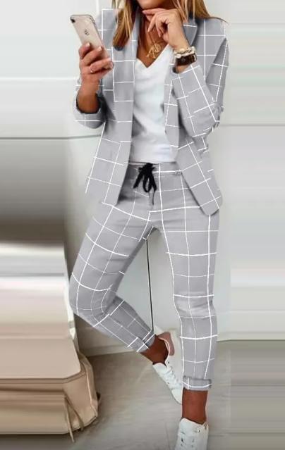 Комплект панталон с елегантен блейзър с принт Estrena, светло сиво - каре