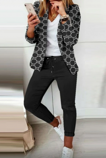 Комплект панталон с елегантен блейзър с принт Estrena, черно/бяло