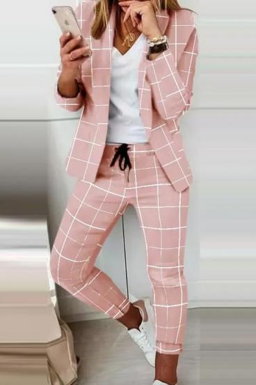 Комплект панталон с елегантен блейзър с принт Estrena, светло розово - каре