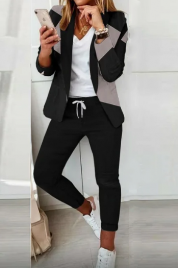 Елегантен комплект сако и панталон с щампа Estrena, черно/сиво